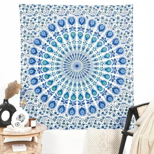 Produktbild: Pfauen-Mandala-Wandbehang, Wandteppich, Bohemian-Bettwäsche, Boho-Indisch, handgefertigt, reine Baumwolle, Hippie, dekorative Trippy-Wandteppiche – 76,2 x 101,6 cm, Himmelblau