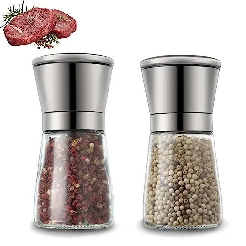 Produktbild: Pfeffermühle, Hunnycook Salz und Pfeffermühle 2er Set mit verstellbarem Keramikmahlwerk, Gewürzmühle, Salzmühle, Chilimühle aus hochwertigem Edelstahl und Glas, Mühle für Gewürze, Salz, Pfeffer