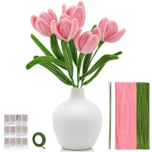 Produktbild: Riddur Pfeifenreiniger Blume Kit, Pfeifenputzer zum Basteln Pfeifenreiniger Blumen Set Anleitung Grüner Florist Draht Blumenband für Pfeifenreiniger Blumenstrauß Handwerk Dekoration(5 Blumen)