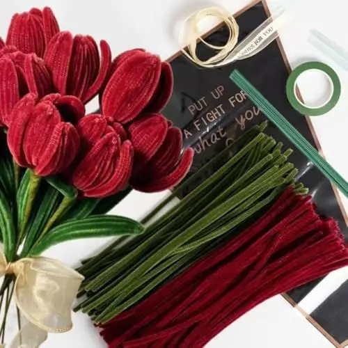 Produktbild: Pfeifenreiniger Blumen Kit mit 150 Pcs Pfeifenputzer Bunt in 2 Farben(Burgundisch,Grün),8 Blumendraht Grün,Kreppband,Blumenpapier und Geschenkband