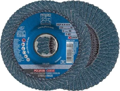 Produktbild: PFERD Fächerscheibe POLIFAN CURVE, 10 Stück, 115mmx11mm, Z40, X-LOCK (22,23 mm), SGP STEELOX, 67689033 – für die präzise Kehlnahtbearbeitung