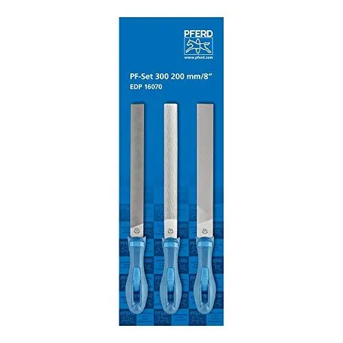 Produktbild: PFERD Feilenset in schützendem Umkarton, 3 Feilen, 200mm, 11202300 – für eine hohe Zerspanungsleistung bei guter Standzeit und zum Schärfen geeignet, Raspelhieb H2