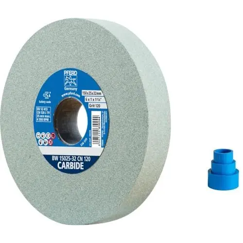 Produktbild: PFERD Schleifbockscheibe CARBIDE, 150x25x32mm, SiC 120, 39008429 – Weiche, aggressive Schleifscheibe für harte Materialien, z. B. Hartmetall, mit Reduzierhülsen (25/20/16mm)