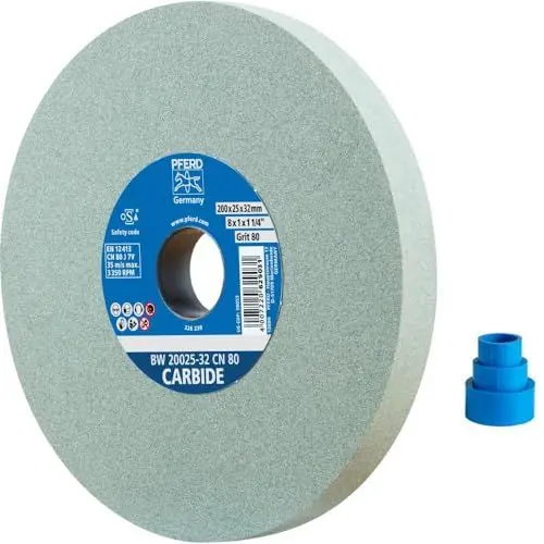 Produktbild: PFERD Schleifbockscheibe CARBIDE, 200x25x32mm, SiC 80, 39008490 – Weiche, aggressive Schleifscheibe für harte Materialien, z. B. Hartmetall, mit Reduzierhülsen (25/20/16mm)