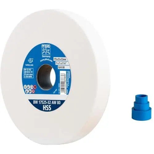 Produktbild: PFERD Schleifbockscheibe HSS, 175x25x32mm, A80, 39009700 – Mittelharte Schleifscheibe zum Schärfen von HSS-Bohrern, mit Reduzierhülsen (25/20/16mm)