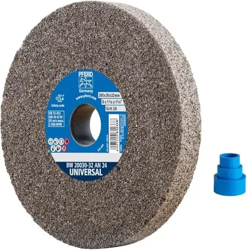 Produktbild: PFERD Schleifbockscheibe UNIVERSAL, 200x30x32mm, A24, 39008418 – Harte Schleifscheibe für universelle Schleifaufgaben, mit Reduzierhülsen (25/20/16mm)