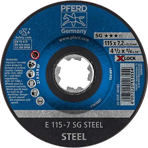 Produktbild: PFERD Schruppscheibe, 10 Stück, 115 x 7,2mm, X-LOCK (22,23 mm), SG STEEL, 62211215 – für schnelle und komfortable Werkzeugwechsel