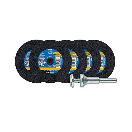 Produktbild: PFERD Starterkit 6-teilig | 5x gerade Trennscheibe PSF STEELOX, 76 x 1,0 x 10,0 mm + Werkzeughalter für Geradschleifer | 69198288 – für Stahl und Edelstahl (INOX)