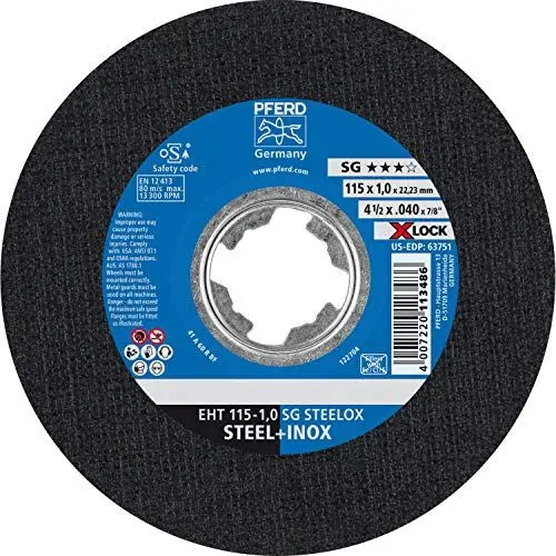 Produktbild: PFERD Trennscheibe, 25 Stück, 115 x 1,0mm, gerade, X-LOCK (22,23 mm), SG STEELOX, 61340413 – für schnelle und komfortable Werkzeugwechsel