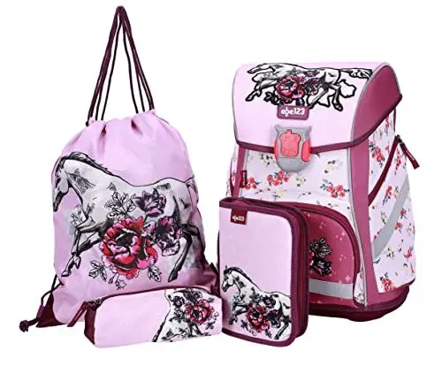 Produktbild: Pferde Horses Schulranzen Mädchen 1 Klasse | Tornister Schulrucksack Schultasche | Set 4 teilig | für Grundschule | inkl. Federmäppchen Sportbeutel und Regenschutz