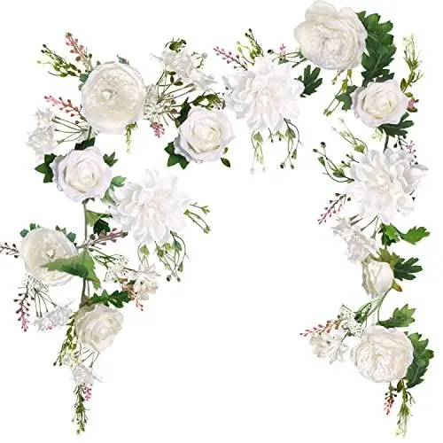 Produktbild: Pfingstrosen Girlande, Deko Blumen Künstlich, Kunstblumen Girlande, Tischstange Dekostange, Blumen Girlanden, Blumengirlande für Tür, Hochzeit, Party, Wand, Heimdekoration (Elfenbein)