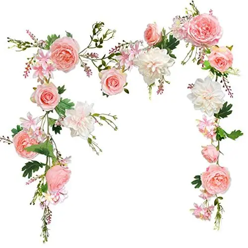 Produktbild: Pfingstrosen Girlande, Deko Blumen Künstlich, Kunstblumen Girlande, Tischstange Dekostange, Blumen Girlanden, Blumengirlande für Tür, Hochzeit, Party, Wand, Heimdekoration (Rosa)