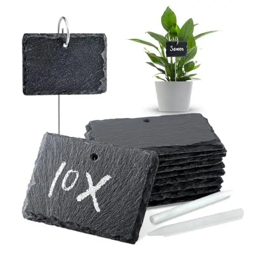 Produktbild: WLWNWFT Pflanzenschilder zum Beschriften 10er Set, Schiefer Pflanzschilder für Draussen, Schilder aus Schiefer inkl. Kreidestift, Pflanzenstecker für Kräuter, Samen, Blumen, Gemüse, 10 x 7 cm