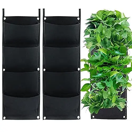 Produktbild: Pflanztasche Senkrechter Pflanztaschen Aufhängen Pflanzbeutel Garten-Hängetaschen 2 Stk 4 Taschen Vertikaler Übertopf aus Dicker Filz Für Balkon Draußen Garten Innenhof Büro Heimdekoration (Schwarz)