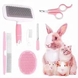 Produktbild: Pflegeset für kleine Tiere, mit Haustier-Ausfallbürste, Bade-Massagehandschuh, Haustier-Pflegekamm, Nagelknipser für Kaninchen, Meerschweinchen, Welpen, Katze, Kätzchen, Hamster, Frettchen (Rosa)