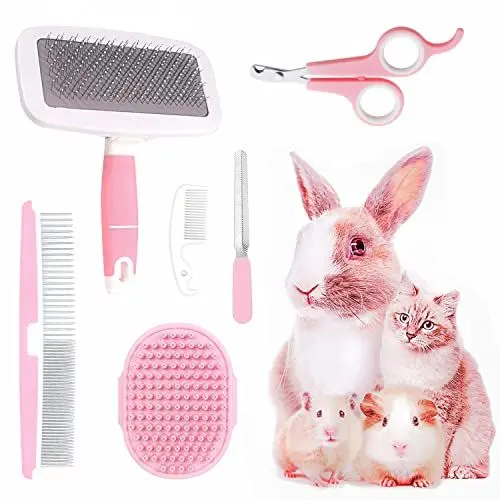 Produktbild: Pflegeset für kleine Tiere, mit Haustier-Ausfallbürste, Bade-Massagehandschuh, Haustier-Pflegekamm, Nagelknipser für Kaninchen, Meerschweinchen, Welpen, Katze, Kätzchen, Hamster, Frettchen (Rosa)