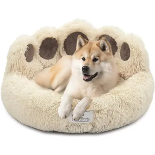 Produktbild: Pfoten&Nasen® Hundebett Bärenpfote Für Große, Mittelgroße und Kleine Hunde, Hundebett Waschbar, Hundekissen, Hundekorb, Hundebett Rund, Dog Bed, Hundekörbchen Beige (M - 75cm).