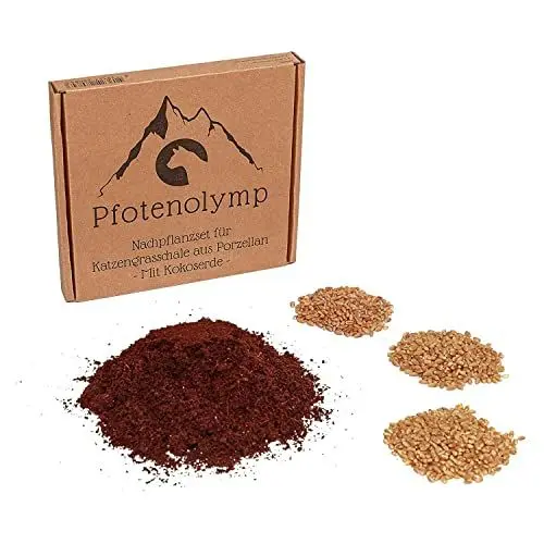 Produktbild: Pfotenolymp® Katzengras Nachpflanzset - Weizengras Samen und Erde - passend für Katzengrasschalen/Porzellanschalen - cat Gras/Topf Set - DIY