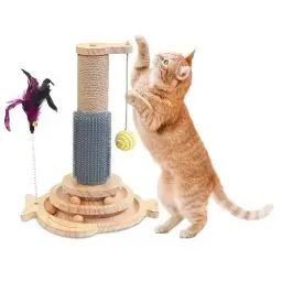 Produktbild: Pfotenolymp Katzenkratzbaum, Multifunktionskatzenkratzbaum mit Sisalseil, Holz, bunt, mit Ballbahn, Kratzstamm, Massagebürste, Feder- und Hängespielzeug - 40x29,5x31 cm