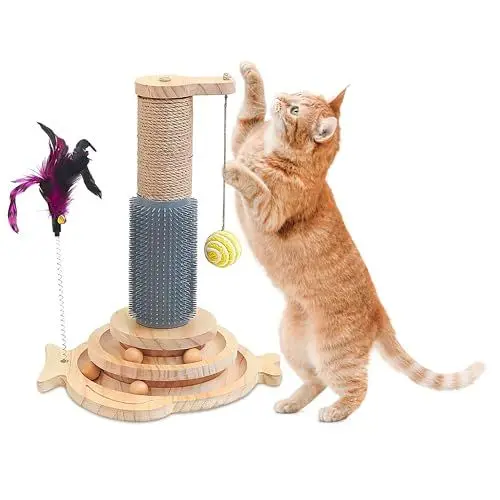 Produktbild: Pfotenolymp Katzenkratzbaum, Multifunktionskatzenkratzbaum mit Sisalseil, Holz, bunt, mit Ballbahn, Kratzstamm, Massagebürste, Feder- und Hängespielzeug - 40x29,5x31 cm