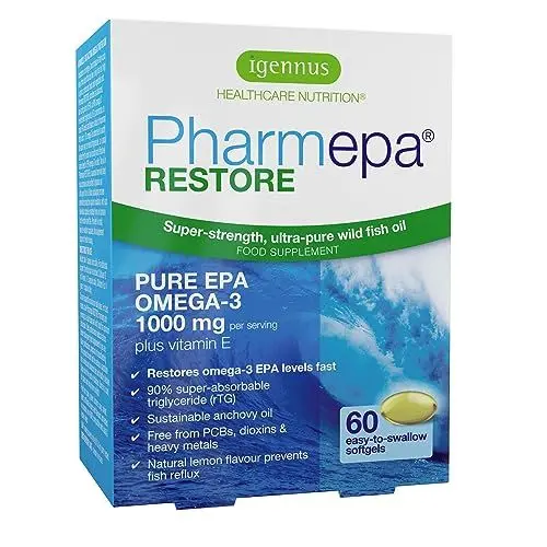 Produktbild: PharmEPA RESTORE 1000mg reines EPA in Triglyceridform, Omega 3 90% EPA Fettsäuren in Fischölkapseln, Hochdosiert, Dreifache Stärke, 60 Kapseln, von Igennus