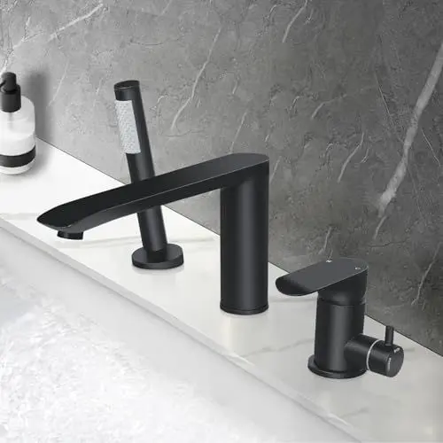 Produktbild: PHASAT 3 Loch Badewannenarmatur, Wannenrand mit Ausziehbarem Handbrause Matt Schwarz, Wannenrand Badewanne aus Messing Mischbatterie