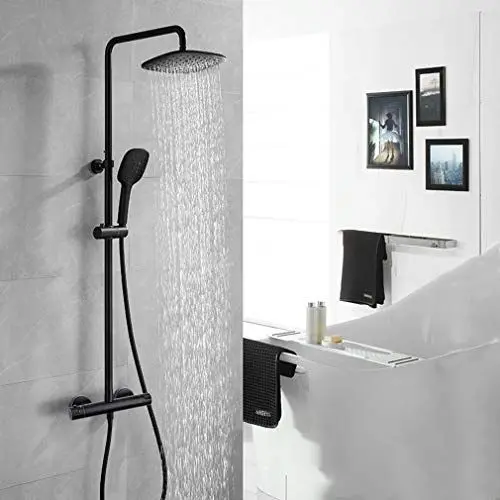 Produktbild: PHASAT Duschsystem Schwarz Thermostat Duschset Regendusche mit Überkopfbrause und 3 Funktion Handbrause,Höhen Einstellbar SB04