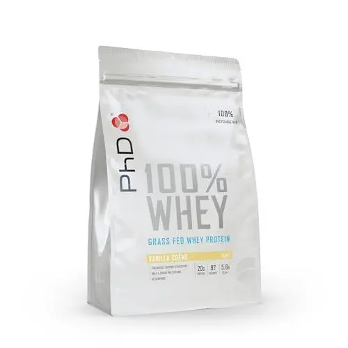 Produktbild: PhD Nutrition 100% Grassfed Whey Protein Pulver 1kg Vanillecreme, High Protein Eiweißpulver mit 19g Eiweiß pro Portion und 5,5g BCAAs, Zucker- und kalorienarm, Low-Carb