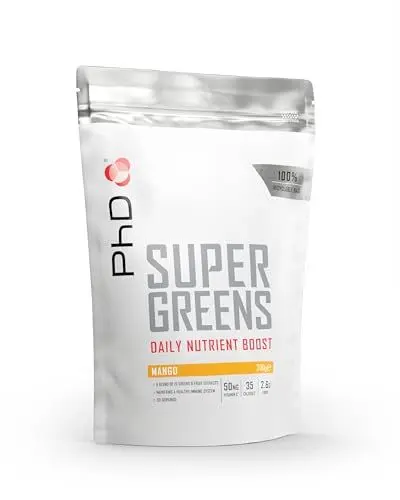 Produktbild: PhD Super Greens Pulver 300g Mango - Hochwertiges Superfood Pulver mit wertvollen Vitaminen und Nährstoffen, Vitamin Pulver mit 18 Obst- und Gemüsesorten