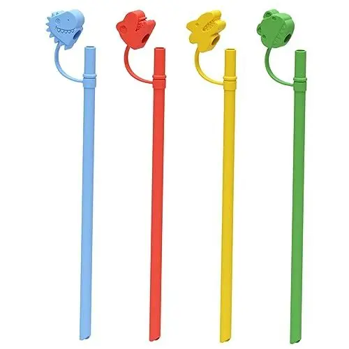 Produktbild: PHENOFICE 4 Stück Dinosaurier-Silikon-Stroh-Staubschutz Strohstopper Stroh bedeckt die Kappe Strohhalmabdeckung für Picknick Cartoon-Strohhalmabdeckung Strohspitzenschutz Stroh Topper