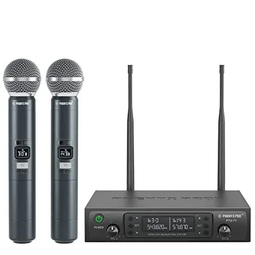 Produktbild: Phenyx Pro Drahtloses Mikrofonsystem, Dynamisches Funkmikrofon, 2x100 Einstellbare UHF Dual, Auto Scan, 328ft Reichweite, Für Gesang, Karaoke, Kirche (PTU-71A)