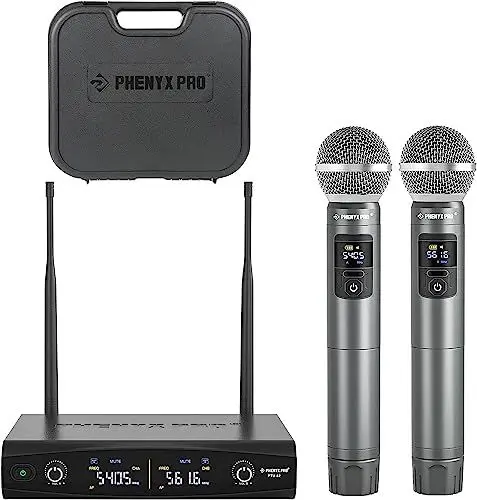 Produktbild: Phenyx Pro Mikrofon Drahtloses Mikrofonsystem mit Koffer, kabelloses Handmikrofon-Set für Gesang, Karaoke, Kirche, 2x30 UHF einstellbare Frequenzen, 200ft Reichweite (PTU-52)