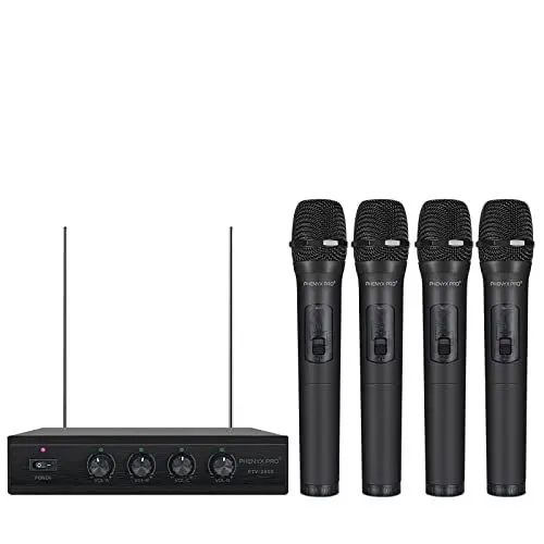 Produktbild: Phenyx Pro Drahtloses Mikrofonsystem, 4-Kanal-VHF-Drahtlosmikrofon, mit 4 dynamischen Handmikrofonen, Metallempfänger, große Reichweite, Mikrofon für Gesang, Karaoke, Kirche (PTV-2000A)