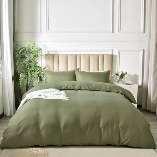 Produktbild: PHF 3tlg Bettwäsche 200x200, Bettbezüge 200x200 cm mit 2er Kissenbezüge 80x80 cm, Weich und Bügelfrei Bettwäsche Olive Green, aus Mikrofaser mit Reißverschluss,Olivgrün