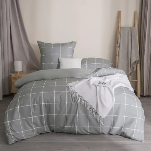 Produktbild: PHF Bettwäsche 155x200 3teilig Bettbezug - Weich und Bügelfrei Bettwäsche Set 155 x 200 cm mit 2 Kissenbezüge 80x80 cm, gebürstete Bettwäsche Set mit Reißverschluss Grau