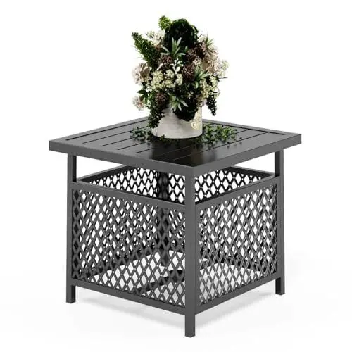 Produktbild: PHI VILLA Outdoor Balkon Garten Beistelltisch Couchtisch Bistrotisch mit Sonnenschirmloch Gartentisch Balkontisch Klein Terrasse Tisch Schwarz