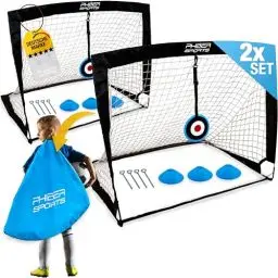 Produktbild: PHIBER-SPORTS 2er Fußballtor Kinder Set - Verbesserte 2025 Version mit verstärkter Glasfaser - Inkl. Tragetasche, 6x Hütchen, 2x Ziel - Fussballtore Für Garten Kinder, Fussballtor Outdoor, Fußball Tor