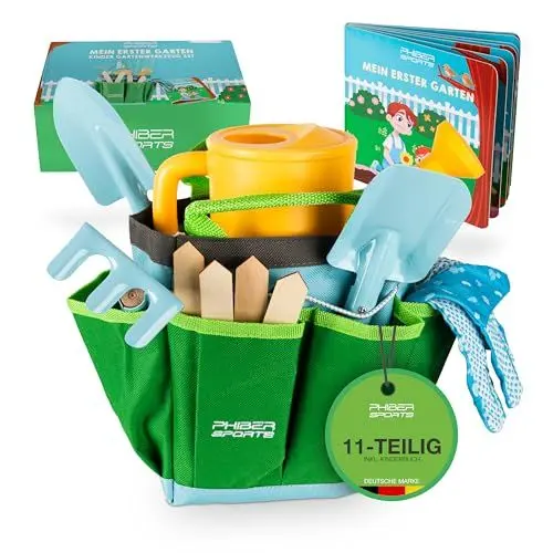 Produktbild: PHIBER-SPORTS Kinder Gartenwerkzeug Set (11 Teile) mit Kindergartenbuch - Gartengeräte für Kinder ab 3 Jahre, auch für Sand und Strand - Garten Werkzeug aus Metall, Gießkanne, Gartenhandschuhe, Tasche