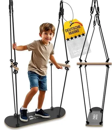 Produktbild: PHIBER-SPORTS Skateboard Schaukel Outdoor Kinder - Langlebig, Wetterfest, Anti-Rutsch, Stehen und Sitzen - Skateboardschaukel Zubehör Holz - Schiffsschaukel, Doppelschaukel