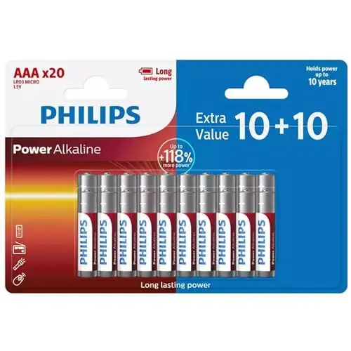 Produktbild: PHILIPS AAA Batterien 20 Stück - Vorteilspack Batterien LR03/1,5V - Alkaline Batterien - Batterie AAA mit 10 Jahren Lagerfähigkeit - bis zu 118% mehr Energie