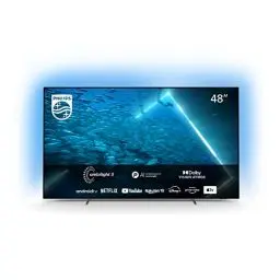 Produktbild: Philips 48OLED707 121 cm (48 Zoll) Fernseher (4K UHD, OLED, HDR10+, 120 Hz, Dolby Vision & Atmos, 3-seitiges Ambilight, Smart TV mit Google Assistant, Works with Alexa, Triple Tuner, Silber)