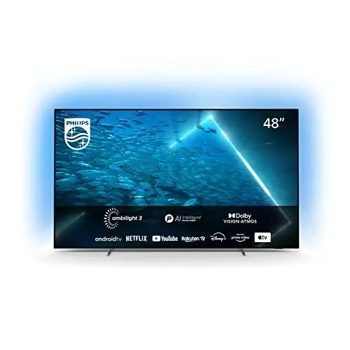 Produktbild: Philips 48OLED707 121 cm (48 Zoll) Fernseher (4K UHD, OLED, HDR10+, 120 Hz, Dolby Vision & Atmos, 3-seitiges Ambilight, Smart TV mit Google Assistant, Works with Alexa, Triple Tuner, Silber)