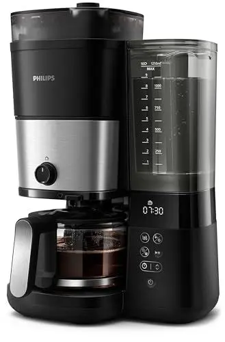 Produktbild: PHILIPS All-in-1 Filterkaffeemaschine - integriertes Kegelmahlwerk für frisch gemahlenen Kaffee - Duo-Bohnenbehälter, 1,25-L-Glaskanne, individuelle Einstellung der Intensität (HD7900/50)