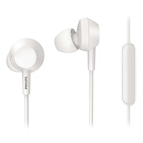 Produktbild: Philips Audio In Ear Kopfhörer E4105WT/00 mit Mikrofon (Bass+, Integrierte Fernbedienung, 10-mm-Neodym-Treiber, 3 austauschbare Ohrstöpselkappen, 1.2-m-Kabel), Weiß, einheitsgröße, TAE4105WT/00