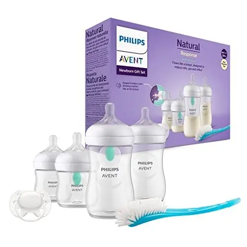 Produktbild: Philips Avent Babyflaschen mit AirFree Ventil, Geschenkset für Neugeborene – 4 Babyflaschen, ultra soft Schnuller und Flaschenbürste, Babys von 0–12 Monaten und älter (Modell SCD657/11)