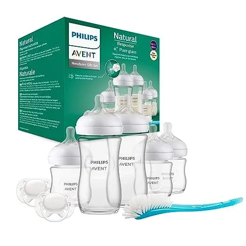 Produktbild: Philips Avent Natural Response Glas-Geschenkset für Neugeborene – 3 x 120 ml und 2 x 240 ml Babyflaschen, 2 x ultra soft Schnuller 0–6 Monate, Flaschenbürste, BPA-frei (Modell SCD879/11)