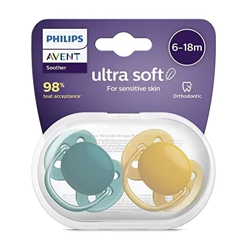 Produktbild: Philips Avent Ultra Soft Schnuller, 2er-Pack – BPA-freier Schnuller für Babys von 6 bis 18 Monaten, dunkelgrün/dunkelorange (Modell SCF091/04)