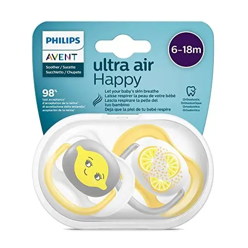 Produktbild: Philips Avent ultra air Schnuller - 2er Pack, BPA-freier, atmungsaktiver Schnuller für Babys von 6-18 Monaten, inklusive Transport- und Sterilisationsbox, Zitrone/Orange (Modell SCF080/18)