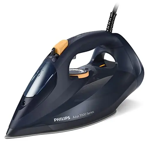 Produktbild: Philips Azur 7000 Series Dampfbügeleisen - 3000W, 55 g/min Kontinuierlicher Dampf, 250 g Dampfstoß, Vertikaldampf, SteamGlide Elite Bügelsohle, Dunkelblau/Gelb (DST7060/20)