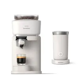 Produktbild: Philips Baristina Espressomaschine und Milchaufschäumer Paket. Real Espresso- made simple. Naturweiß mit naturweißem Siebträger- 16-bar-Pumpendruck- automatisches Mahlwerk- Cafe Crema (BAR303/00)